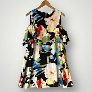 Umgee Floral Cold Shoulder Dress - Black, Red, Yellow, Green, Blue